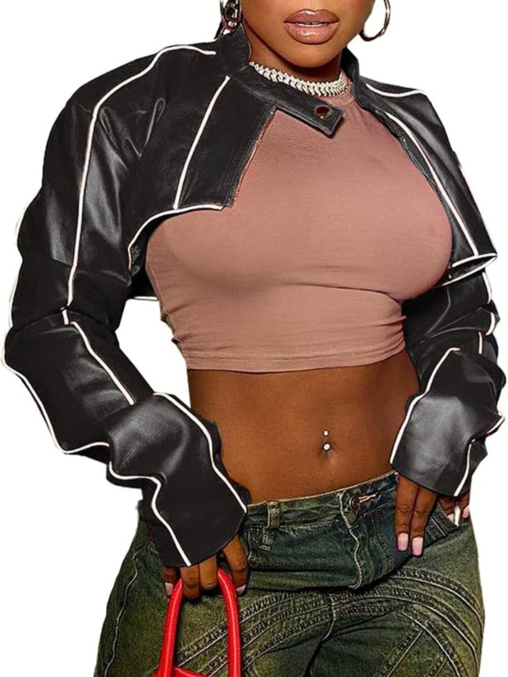 Chic Women's Mock Neck PU Leather Crop Jacket - Slim Fit Moto Biker Shrug